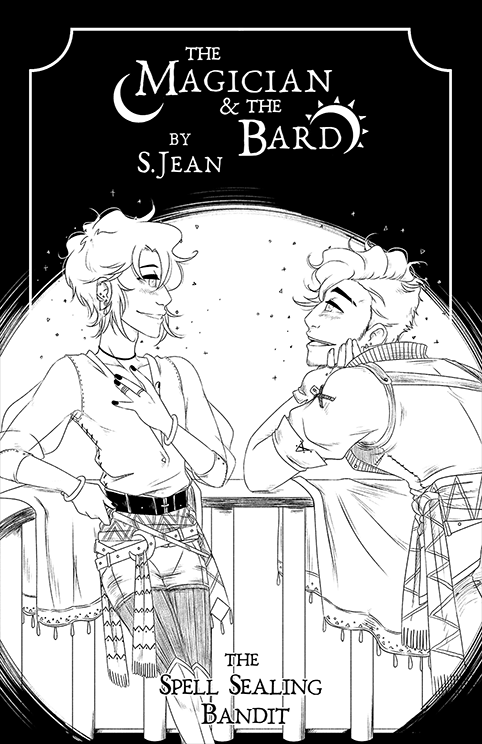 Arc 2's cover with a black and white image of Hawke and Vahn leaning on a railing and smiling at each other.