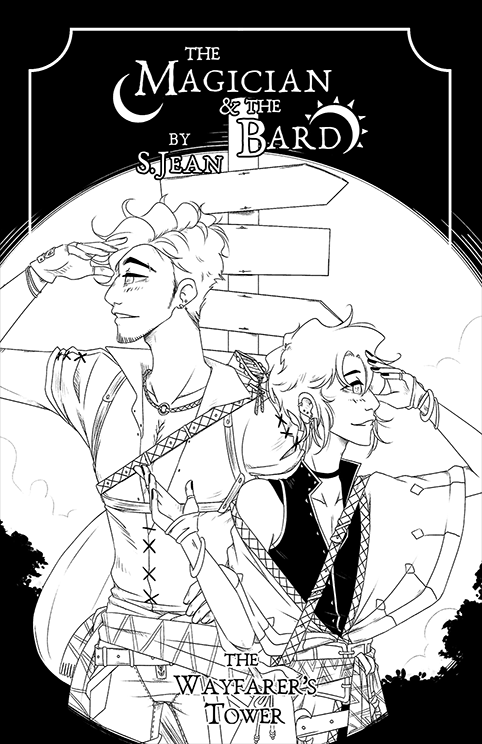 Arc 4's cover with a black and white image of Vahn and Hawke looking different directions in front of a sign.