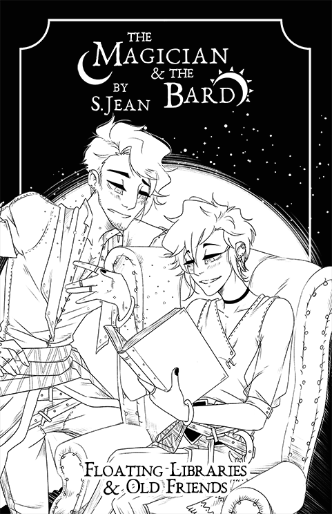 Arc 5's cover with a black and white image of Vahn and Hawke looking at a book together.